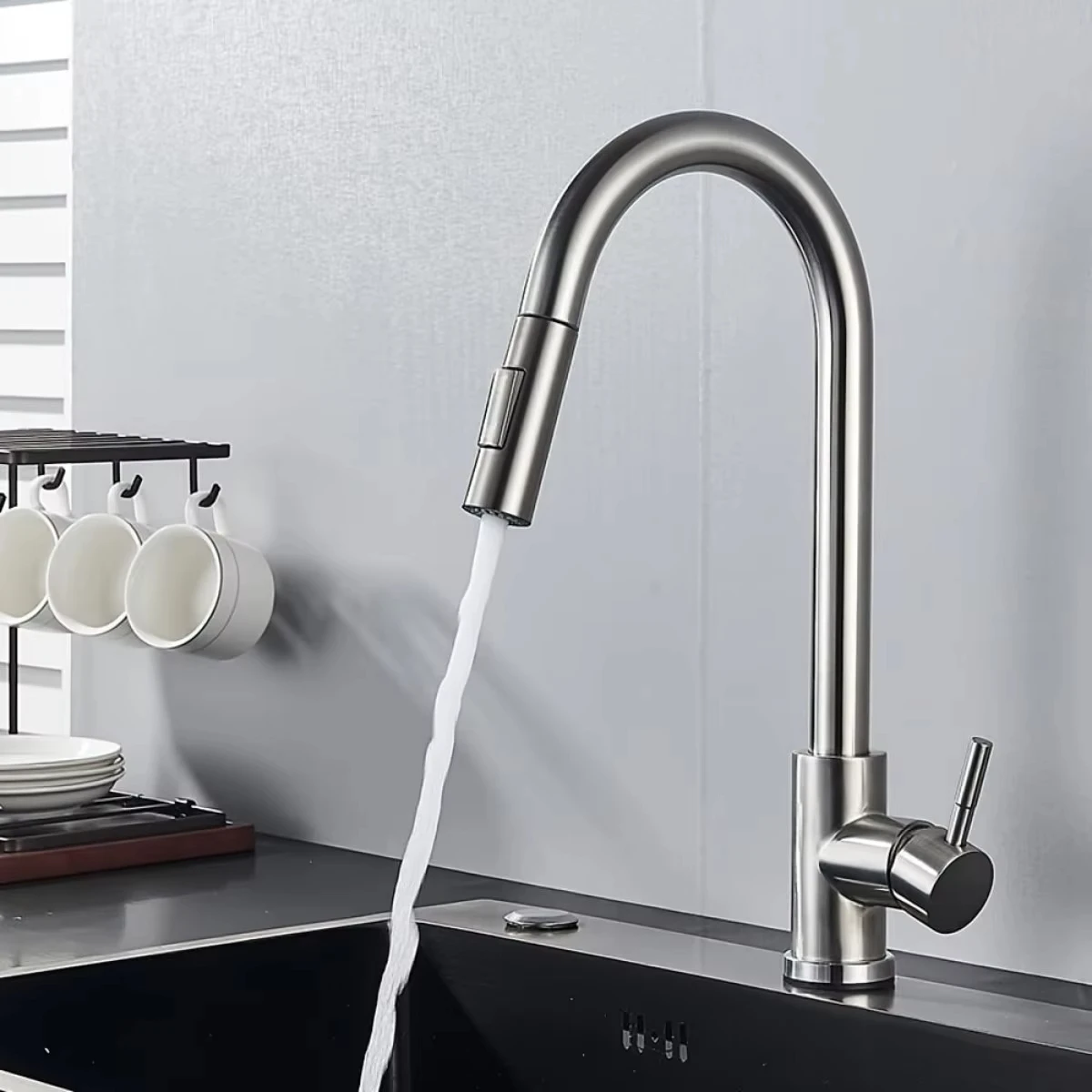 Brushed black rotating kitchen sink faucet, single hole, single handle, pull-out sprayer/mixer faucet