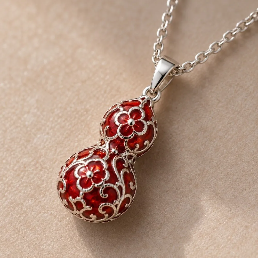 Red Enamel Calabash Charm Necklace Long Chain Drip Oil Peanut Pendant Necklace Plum Blossom Gourd Pendant Necklace Women Girl