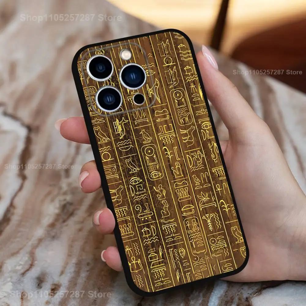 حافظة هيروغليفية فن مصر لهاتف آيفون 15,16,12,14,17,13,11,Plus,Pro Max,8,7,XR,SE,XS,X,Mini,Soft Silicone Black