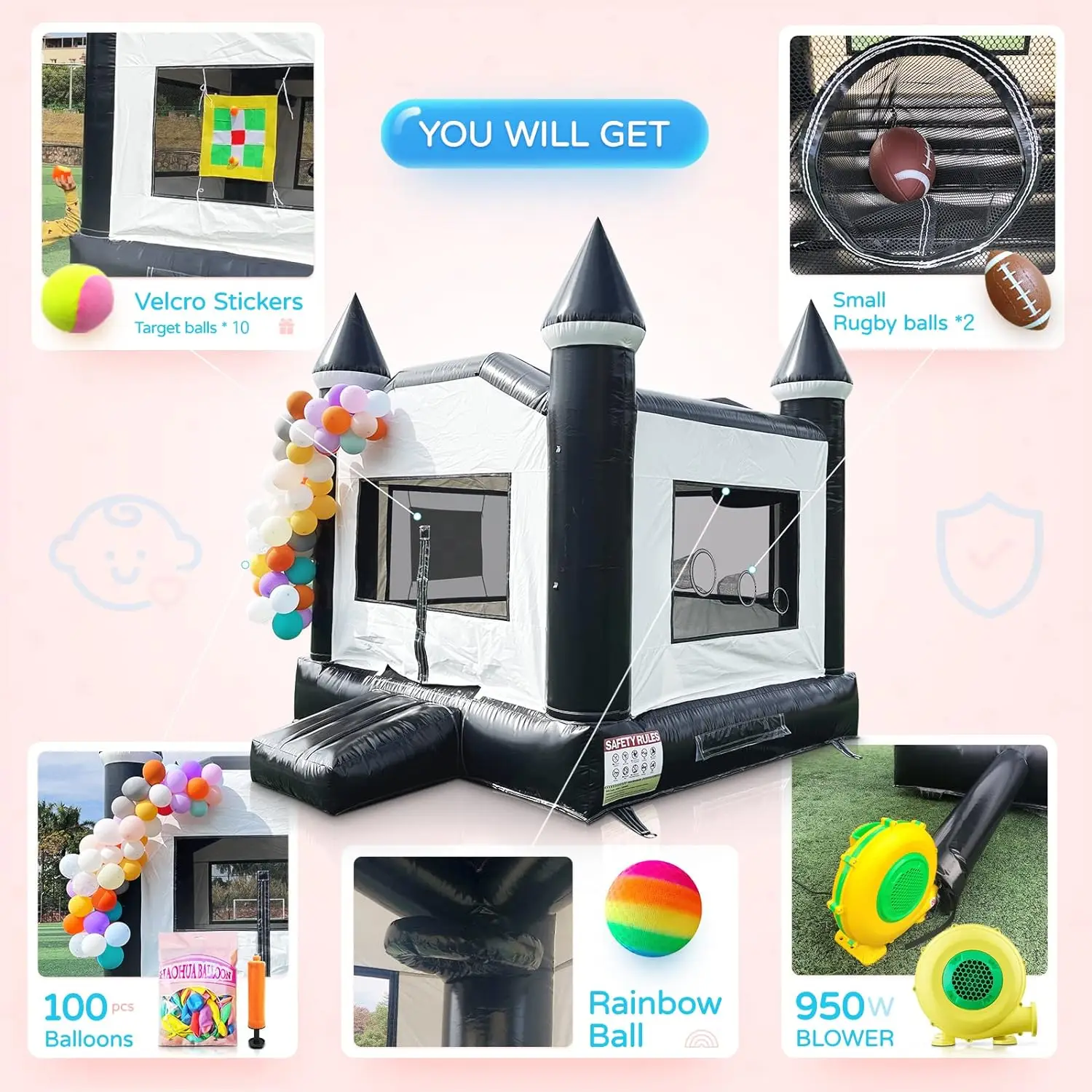 Maison de rebond gonflable noire et blanche de qualité commerciale, 13x10 pieds, pour location de fête, château gonflable d'halloween pour anniversaire d'enfants