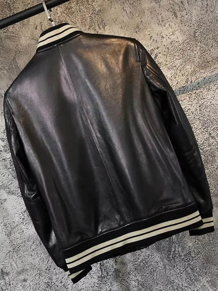 Business Casual Style Solid Color Long Sleeves Genuine Leather Jacket Loose Male Zipper Pocket Sheepskin Baseball Outerwear