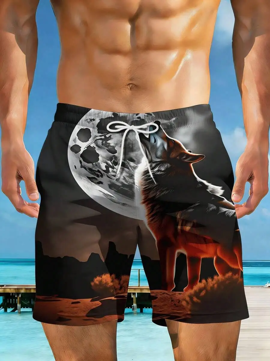 

Mens Beach Shorts 3D Print Wolf Howling Moon Night Landscape