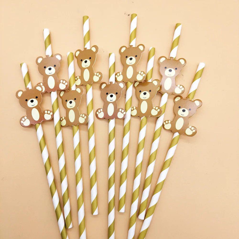 10pcs Cute Cartoon Baby Bear Teddy Bear Straw For Kids Birthday Baby Shower Party Disposable Decoration Straw Supplies Kid Favor