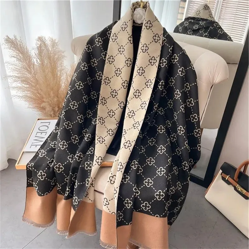 New trendy and warm cashmere cape shawl scarf with luxurious printed thick Pashmina winter blanket wrapped in Bufanda casual hea