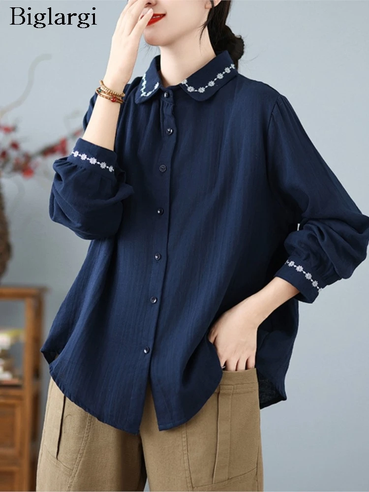 

Oversized Summer Vintage Shirts Women Print Embroidery Fashion Long Sleeve Ladies Blouses Loose Casual Woman Shirt