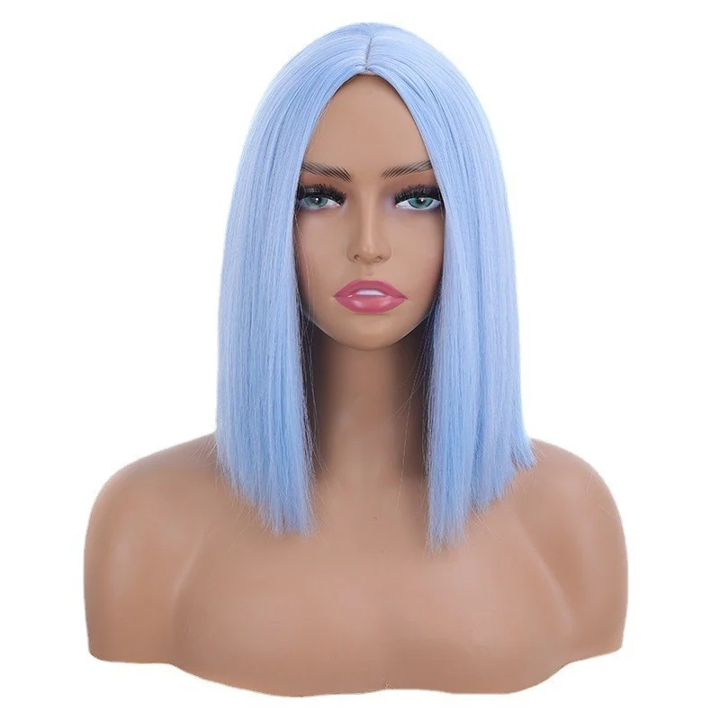 

Women's Med-Length Straight Light Blue Ladies Human Hair Wig