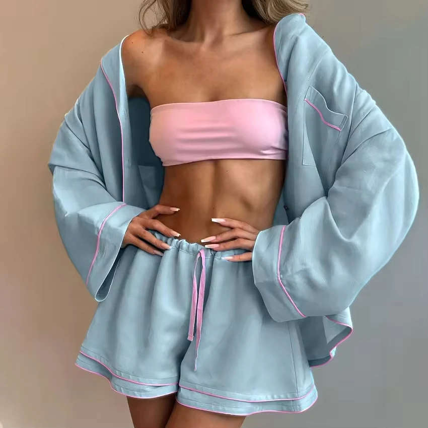 2026 Spring and Summer New Pure Cotton Comfortable Cardigan Shorts Two-piece Pajamas Loungewear Set