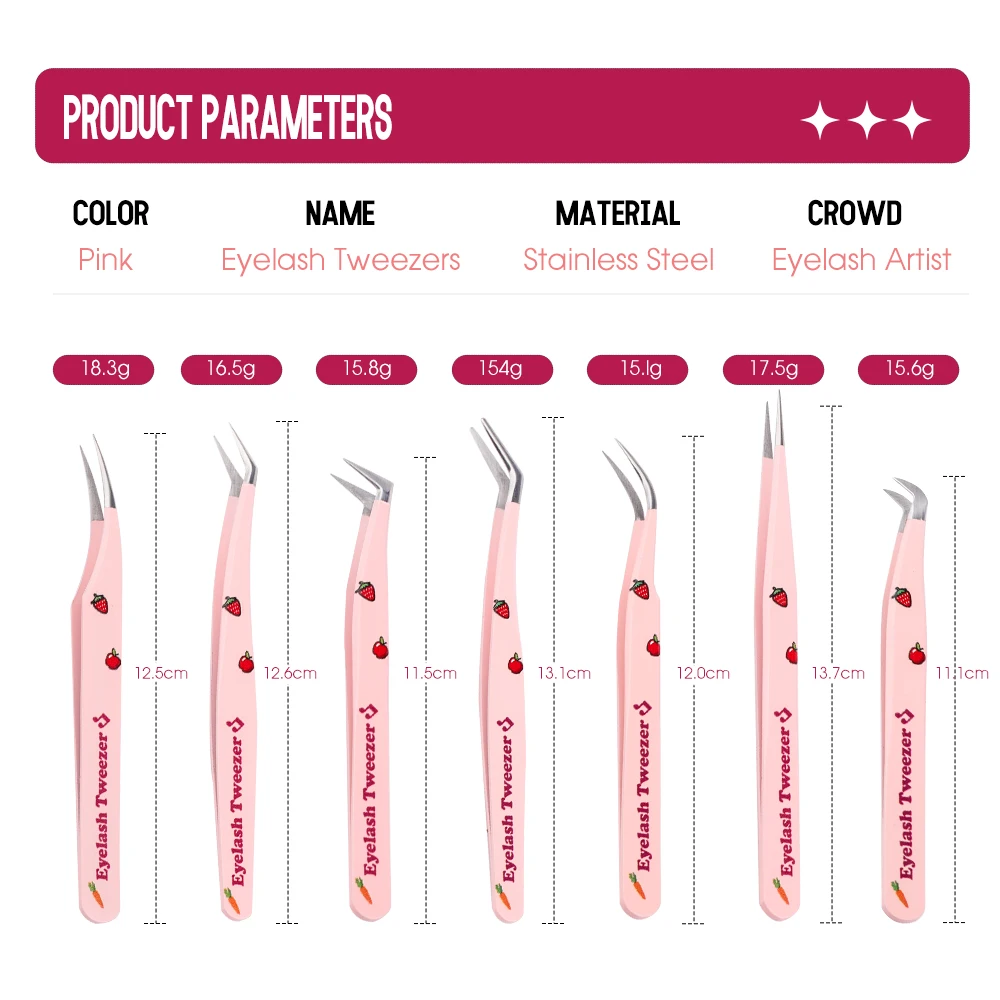 속눈썹 트위저 핑크 딸기 스테인리스 스틸 초경질 트위저, 속눈썹 익스텐션 고정밀 정전기 방지 메이크업 핀셋