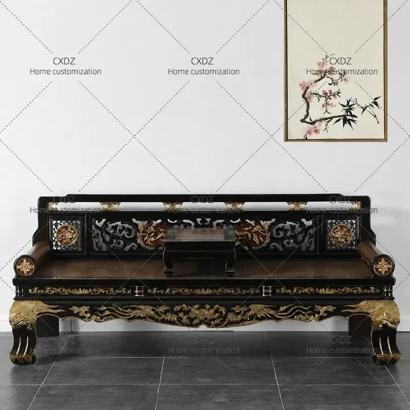 New Chinese Retro Old Elm Arhat Bed Solid Wood Tenon Structure Living Room Sleeping Tatami Sofa Bed Beauty Couch