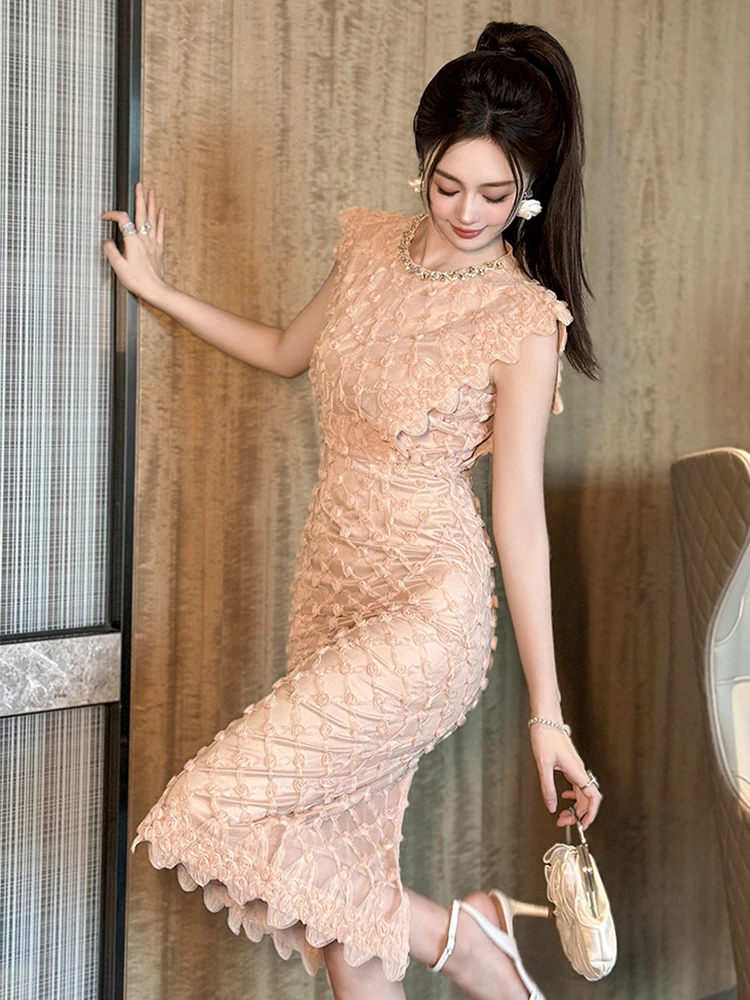 Women's Exquisite Chic Prom Dress for Woman Pretty Cute Mesh Rose Flowers Diamonds Bodycon Robe Female Date Party Vestidos Mujer