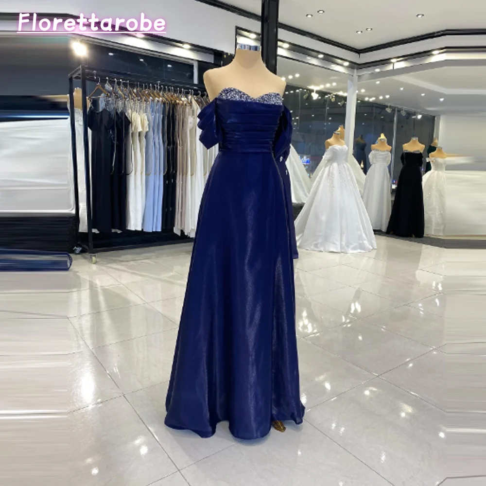 

Florettarobe Blue Satin Off Shoulder Evening Dresses Sweetheart Beading Vestidos de Gala Sequined Women Prom Gowns Customized