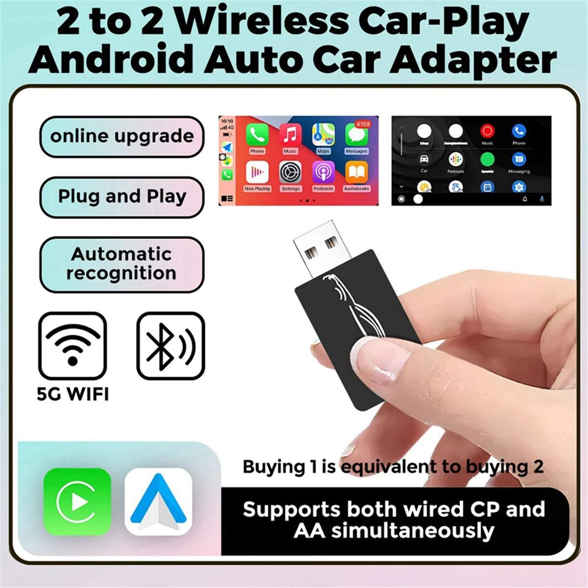 Adaptador inalámbrico Carplay para coche, Dongle USB inteligente, Plug & Play, Android, 2 a 2, para Havel, Kia, Volvo, Audi, MG, VW, Hyundai, Jeep