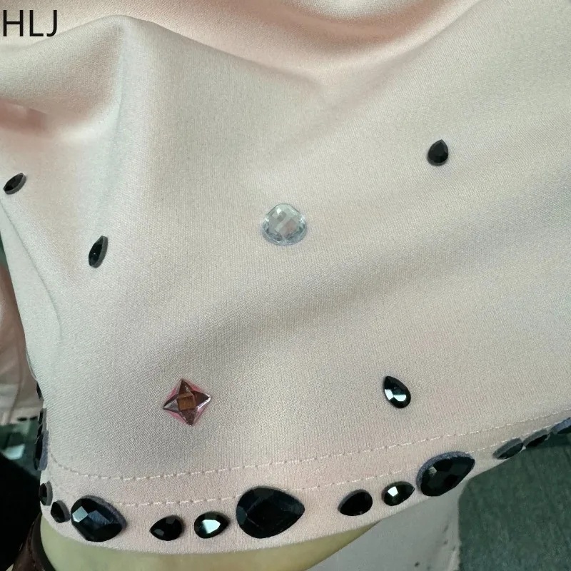 Hlj elegante rosa strass retalhos 2 peça define mulher outfit mangas compridas decote em v topos + saia combinando ternos feminino escritório
