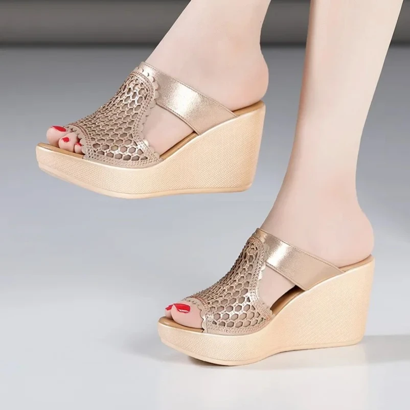 

2025 High Heel For Women Summer Peep Toe Lace Mesh Wedge Heels Sandal Women Shoes