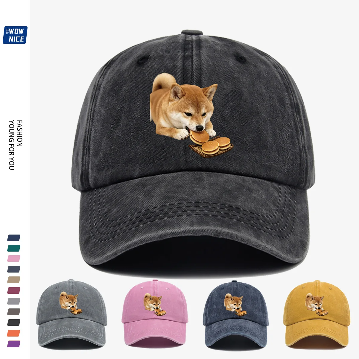 Casquette de baseball avec imprimé amusant Shiba Inu mangeant du Taiyaki, design mignon et adorable, taille réglable unisexe, adaptée aux sorties quotidiennes, 1 pièce
