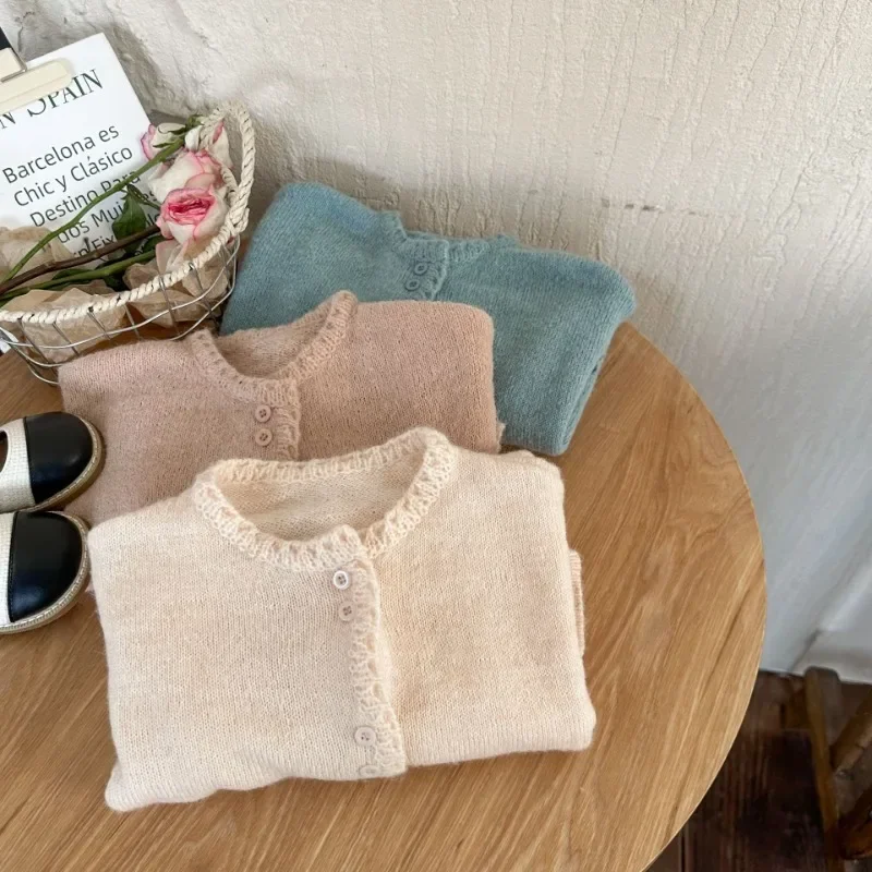 

Korea Kids Baby Girls Sweater Kawaii Mohair Soft Knit Cardigan Coat Cute Princess Pink Sweater High Quality 90-150cm
