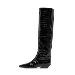 Arden Furtado 2025 Autumn Crocodile grain Patent Leather square-head Slip-on Knee high boots Large size Middle heel Knight boots