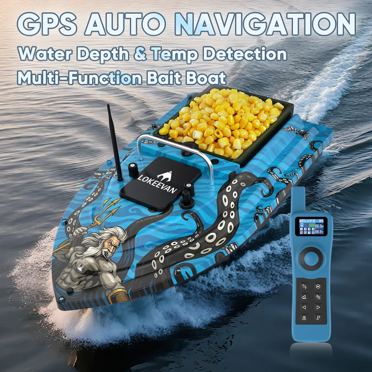 LOKEEVAN D32ED GPS Angelköderboot 12000mAh GPS+Beidou Dualsystem Mit Sonar Wassertiefen- & Temperaturerkennung 500 Meter Reichweite Drahtlose Steuerung Mit Großem Köderbehälter 1,5KG Angelköderboot