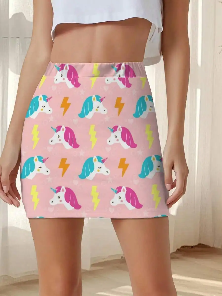 Women Summer Bodycon Mini Skirt With Cute Unicorn And Lightning Pattern