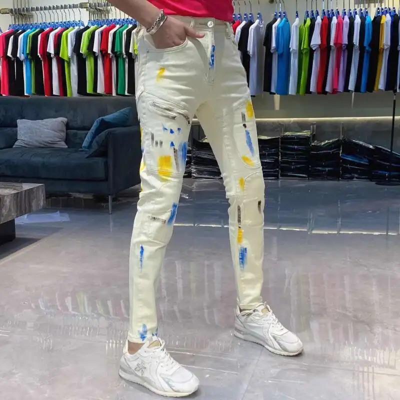 Paint Splatter Print Jeans Men 2025 Spring Legging Slim Fit Fashion Korean High Quality Trend Splicing Pant Erkek Jean Pantolon