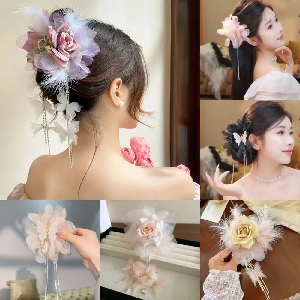 

Elegant Puffy Tassel Hair Claws Feather Flower Fairy Grasping Clip Updo Shark Clips Party Performance
