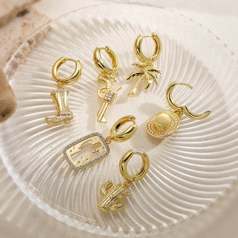 HECHENG,18K Golden-Plated Copper Cactus Boot Shape Earrings Western Cowboy Collection Unisex Jewellery Drop Earrings 1 Pair