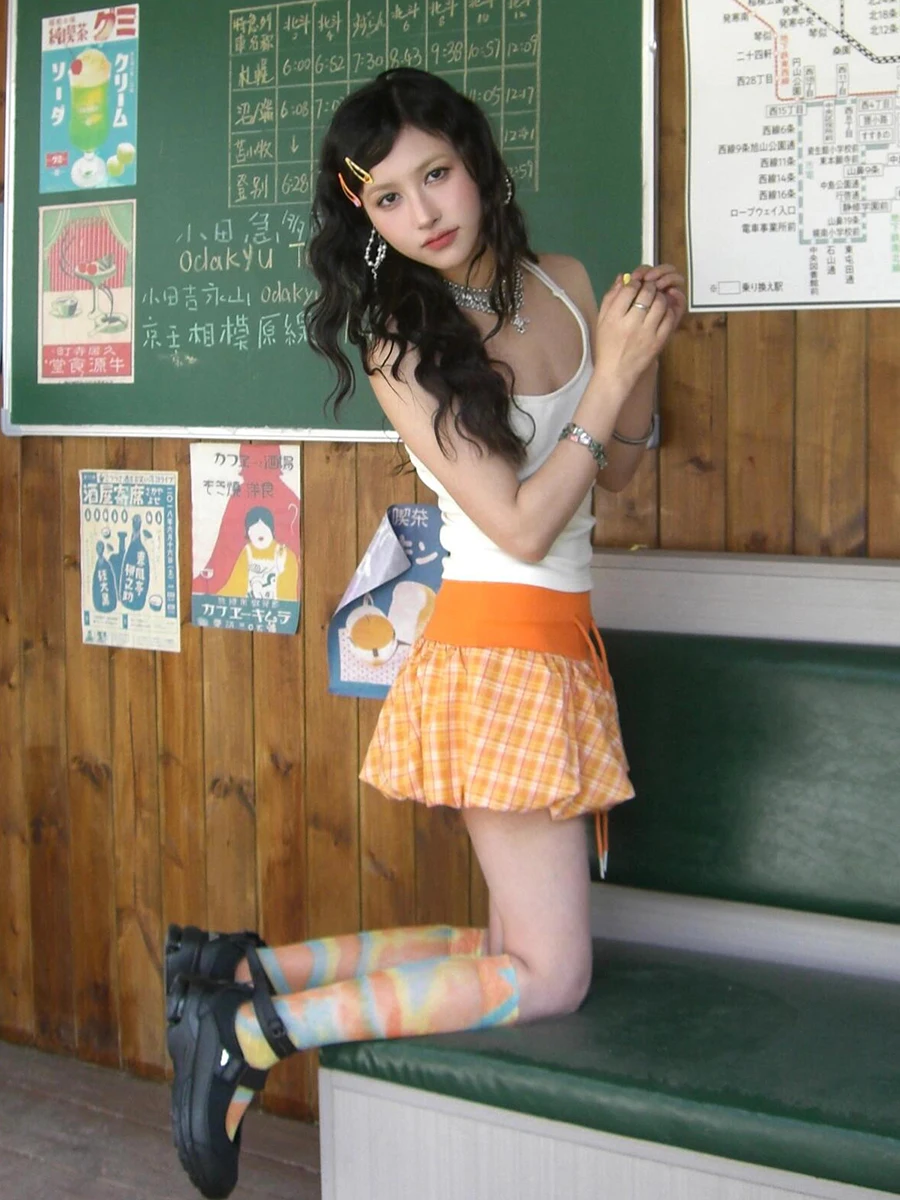 ReddaChic Tartan Plaid Skirt Top Set Y2k Star Racerback Knit Cami Drawstring Bud Liner Mini Skirt Casual Summer Women Clothes