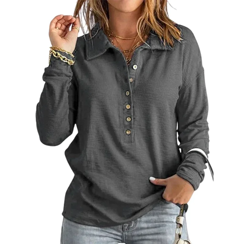

Single-breasted Half-open Lapel Women T-Shirt Simple Style Daily Casual Loose Tops Female Autumn Winter Solid Color Knitted Tees
