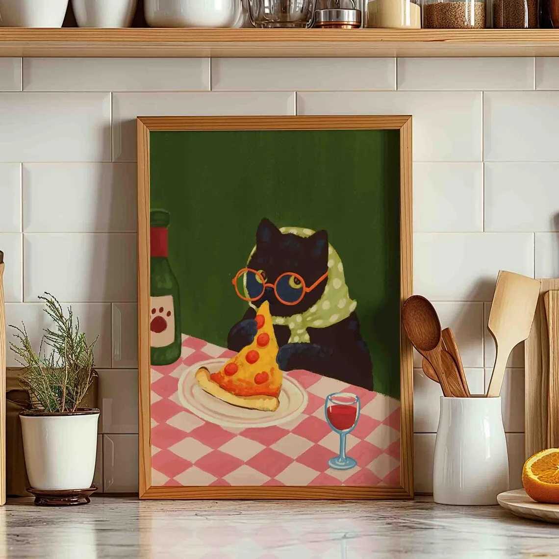 Cozy Diner Cat Wall Art Charming Print Celebrating Feline Fun Pink Checkered Table Vibrant Green Backdrop Create A Wa