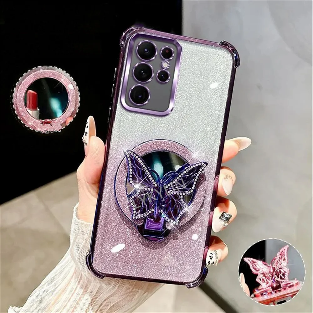 Luxury Plating Butterfly Stand Mirror Phone Case For Samsung S25 S24 S23 S22 Note 20 Ultra Soft Silicone Shockproof Cover