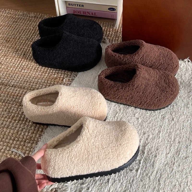 

Women Warm Platform Flat Fluffy Slippers Winter New Fashion Warm Casual Outdoor Non Slip Cotton Padded Shoes Woman Faux Slippers