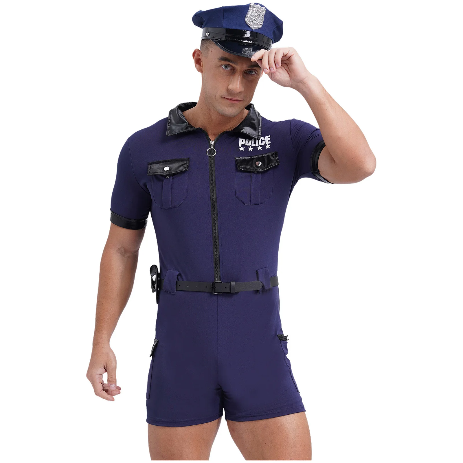 

Mens Dirty Cop Policeman Costume Sexy Cosplay Party Sets Short Sleeve Jumpsuit with Belt Purse Hat Cuffs Suit Role Play Dress Up