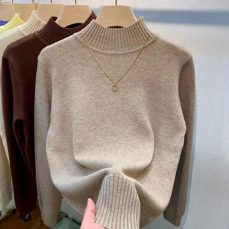 

Autumn Winter Thick Warm High Collar Pullover Sweater Women Solid Color Slim Long Sleeve Knitted Sweater All-match Tops N486