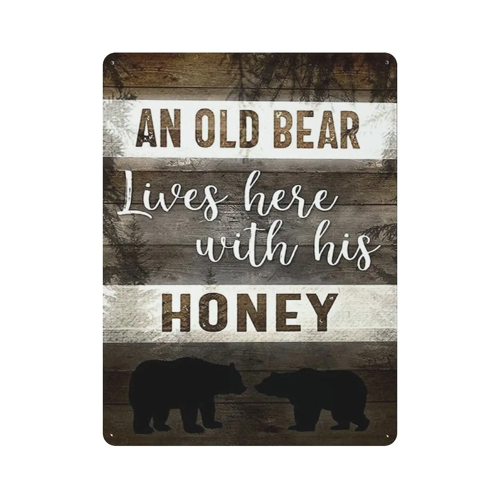 PPFINE An Old Bear Lives Here with His Honey Brown Wood Tin Sign Metal Plaque Art Hanging Iron Painting Retro Home Kitchen Garde