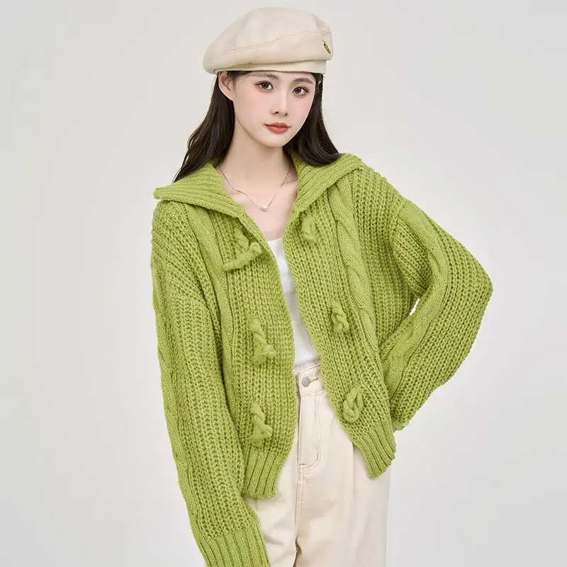 Xanh Oxhorn Nút Cardigan Dệt Kim Nữ Thu Đông 2022 Thời Trang Hàn Quốc Mới Sang Trọng Áo Len Dệt Kim Hàng Đầu