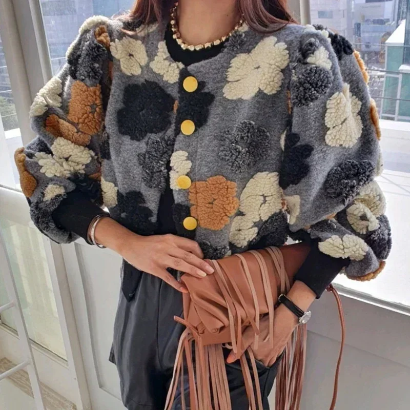 Neploe Niche Vintage Round Neck Contrast Flower Design Jackets 2024 Autumn Winter Single Breasted Long Sleeve Lamb Wool Coat