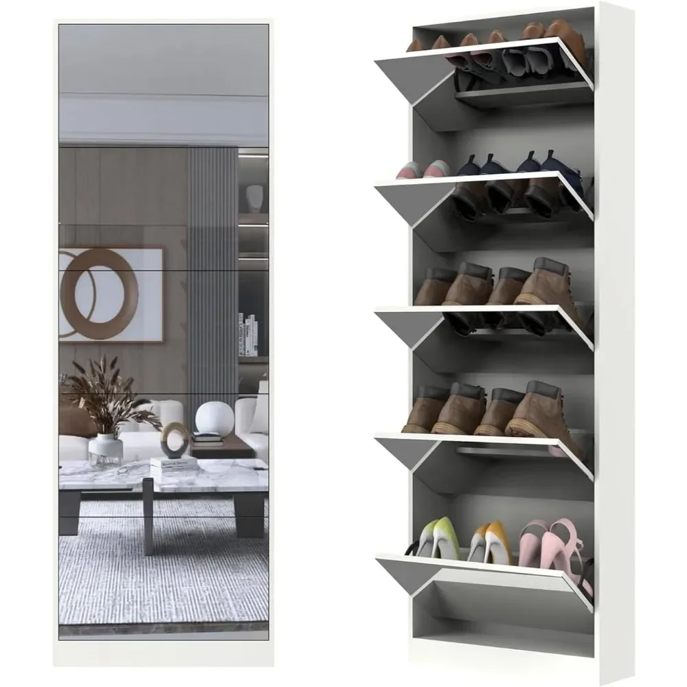 Armoire à chaussures avec 5 pivots à rabat, armoire de rangement étroite pour chaussures, armoire d'entrée, miroir pleine longueur T1, meuble à chaussures blanc…