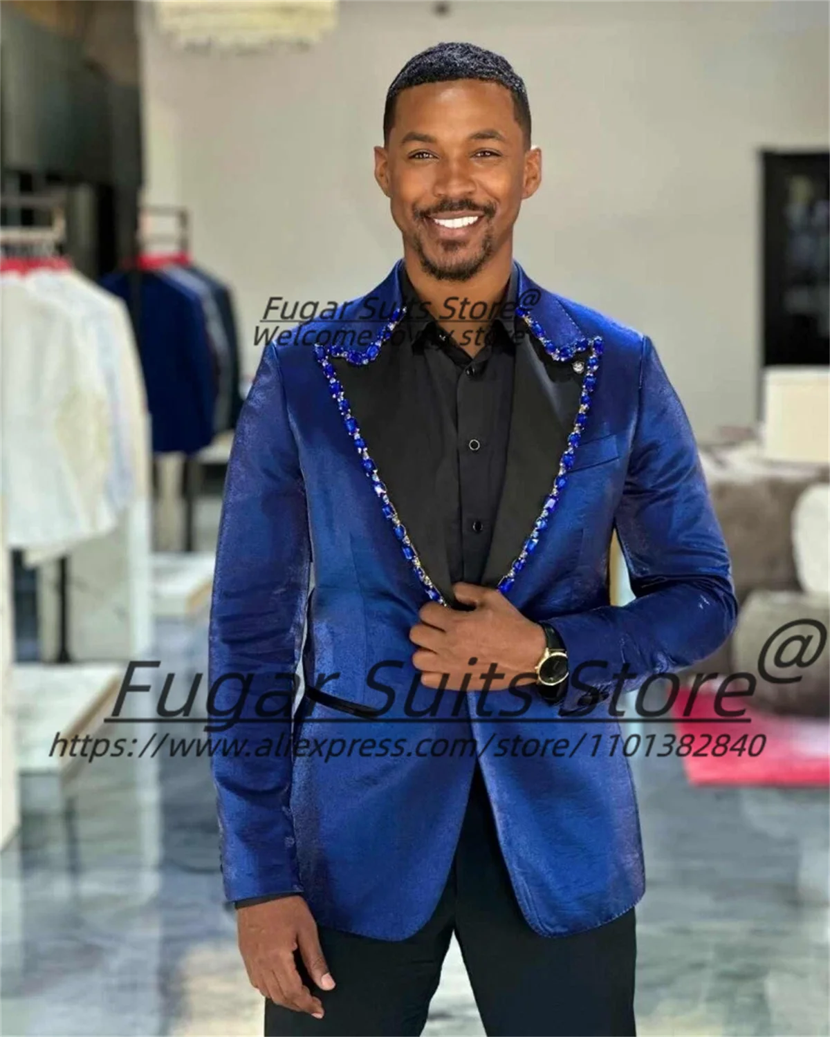 Elegant Satin Groom Wedding Tuxedos Shiny Rhinestone Peak Lapel Men Suits Customized Slim Fit 2 Pieces Sets Male Party Blazers