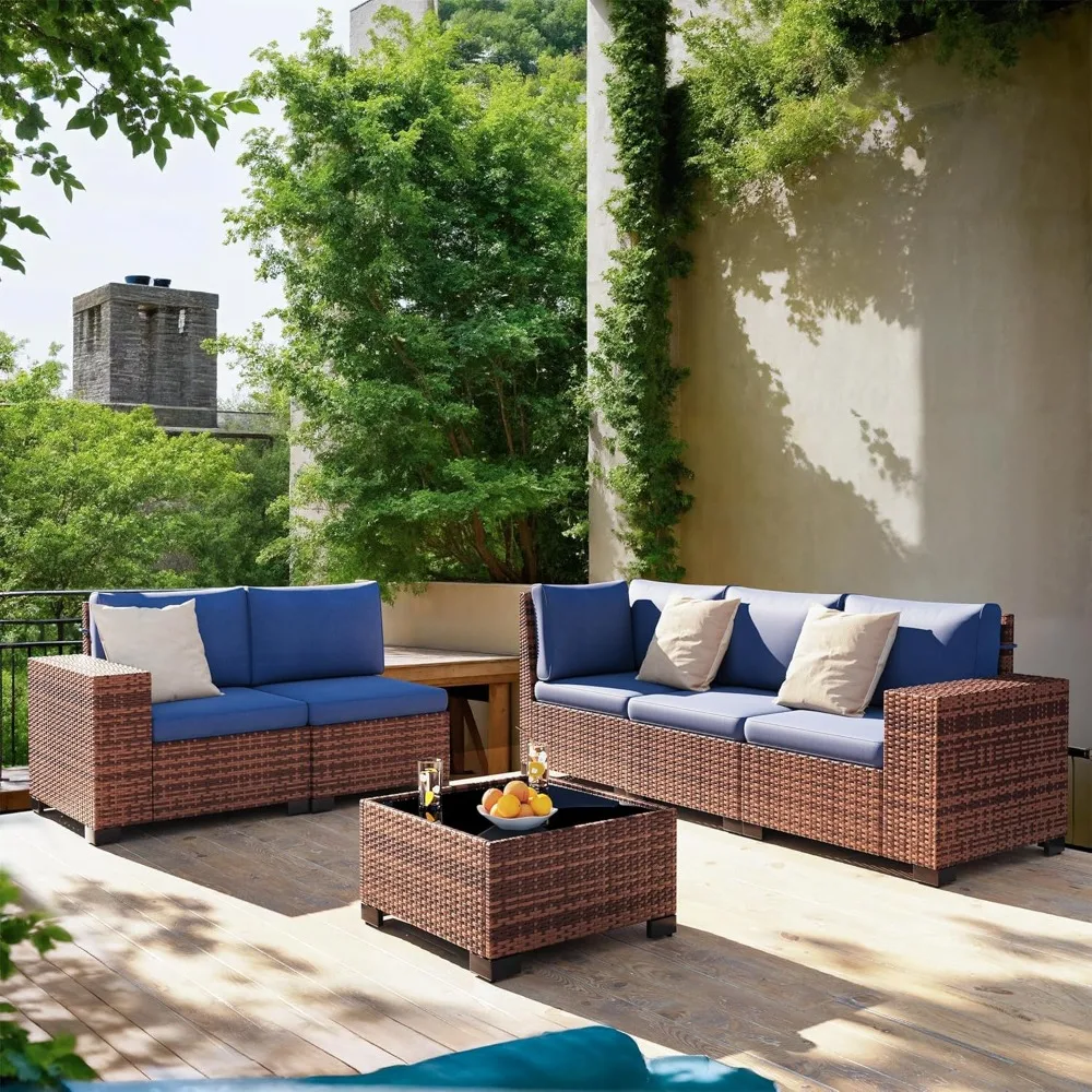 Outdoor Combinação Móveis Set, Brown Rattan, Willow Recepção Sofá Set, Tabletop de vidro e capa impermeável, 6 peças