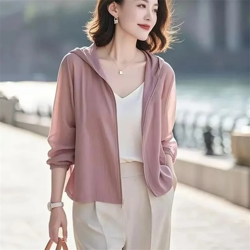 Summer Lady Long Sleeves Quick-dry Top Coat European Women Hooded Thin Sun Shirt Outwear Female Solid Color UV Protection Jacket