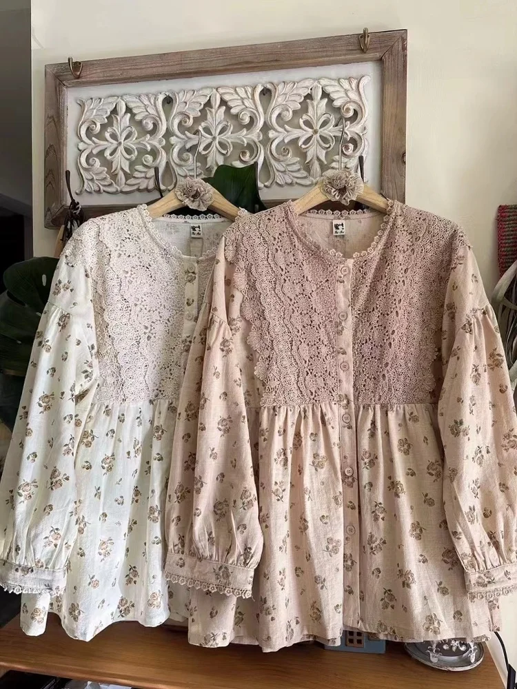 

Ретро-кардиган в японском стиле с кружевной отделкой, круглым вырезом, свободного кроя, из хлопка и льна, с цветочным принтом, с длинными рукавами