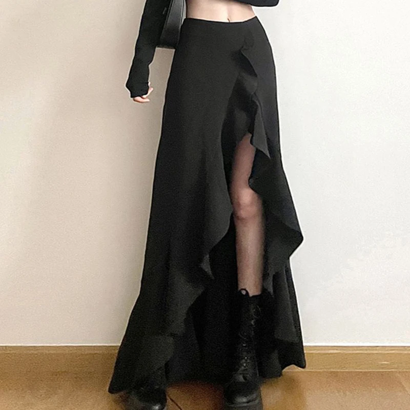 Summer new temperament long skirt irregular slit high waist thin black patchwork skirt women\'s 2024 new style