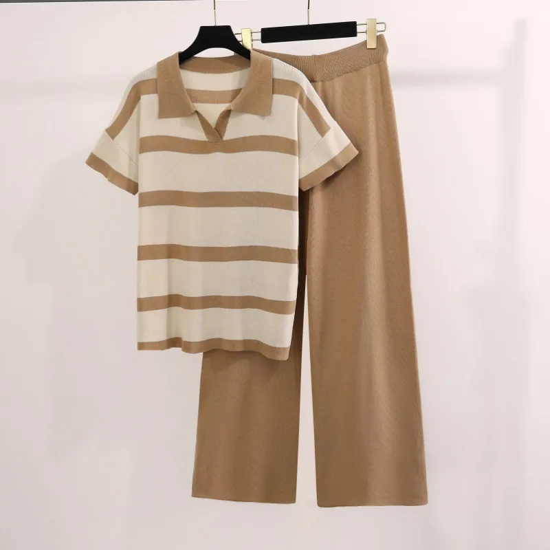 New Summer Knitted Striped 2 piece sets women outfit Casual Polo Collar Short Sleeve Pullover Sweater Top + Wide Leg Pants Sets