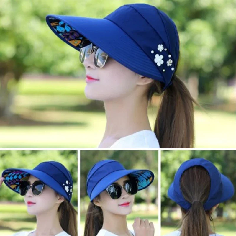 Cappello da sole ombra estiva HHt per donna protezione solare pieghevole spiaggia cappello a tesa larga protezione UV ciclismo Top vuoto