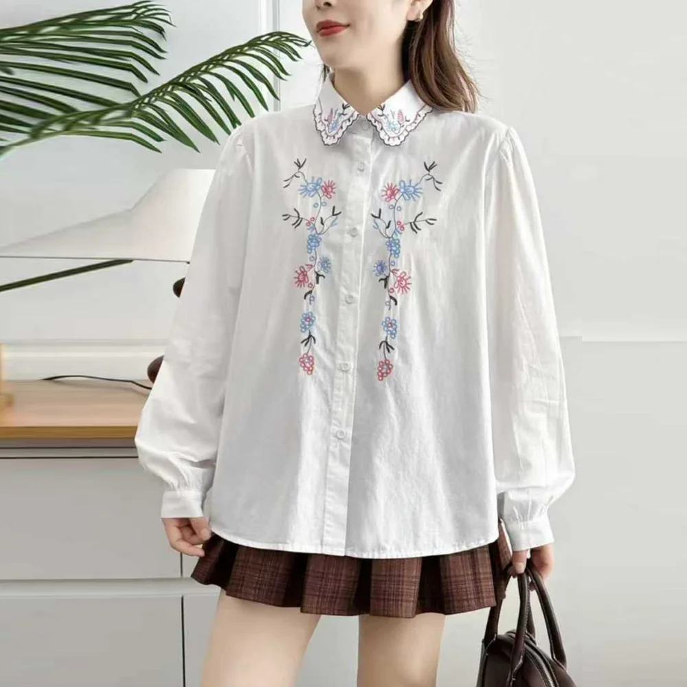 

Sweet Mori Girl Japan Style Floral Embroidery Shirts Women Spring New Turn Down Collar Long Sleeve Casual Loose Blouse Tops
