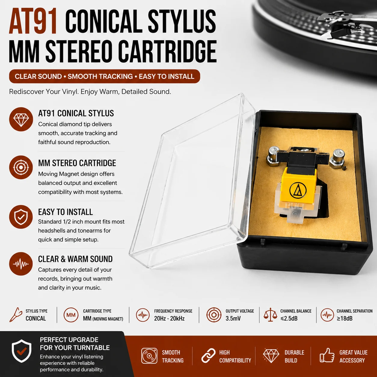 Agulha Cônica AT91 para Toca-Discos Estéreo MM, Agulha de Substituição para Vitrola com Montagem de 1/2 Polegada