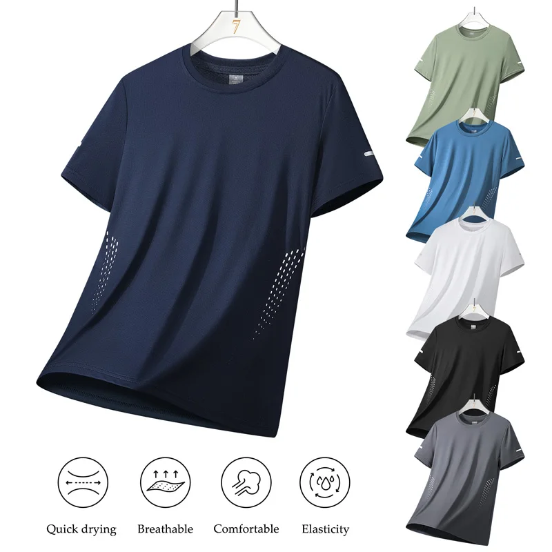Sommer-Mesh-Sport-T-Shirt für Herren, schnell trocknend, atmungsaktiv, locker sitzend, aus Eisseide, Kurzarm, für Jogging und Wandern, Rundhals-Sport-T-Shirt