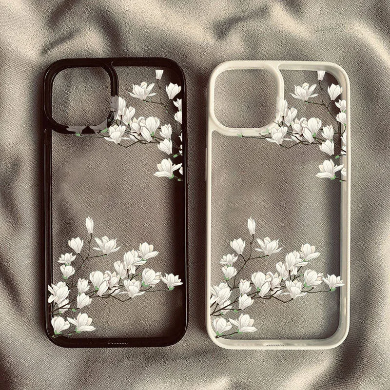 White Magnolia Flower Phone Case For iPhone 14 Pro 15 13 12Mini 11 18 Pro Max 16 17 Air Plum Blossom Shockproof Clear Hard Cover