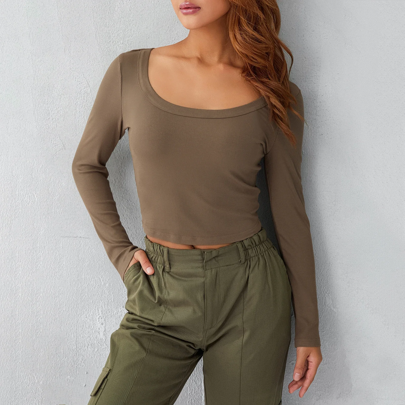 T-shirt manches longues col rond femme, slim, décontracté, lit, court, automne, printemps, pulls, t-shirts basiques, chemises, 2024