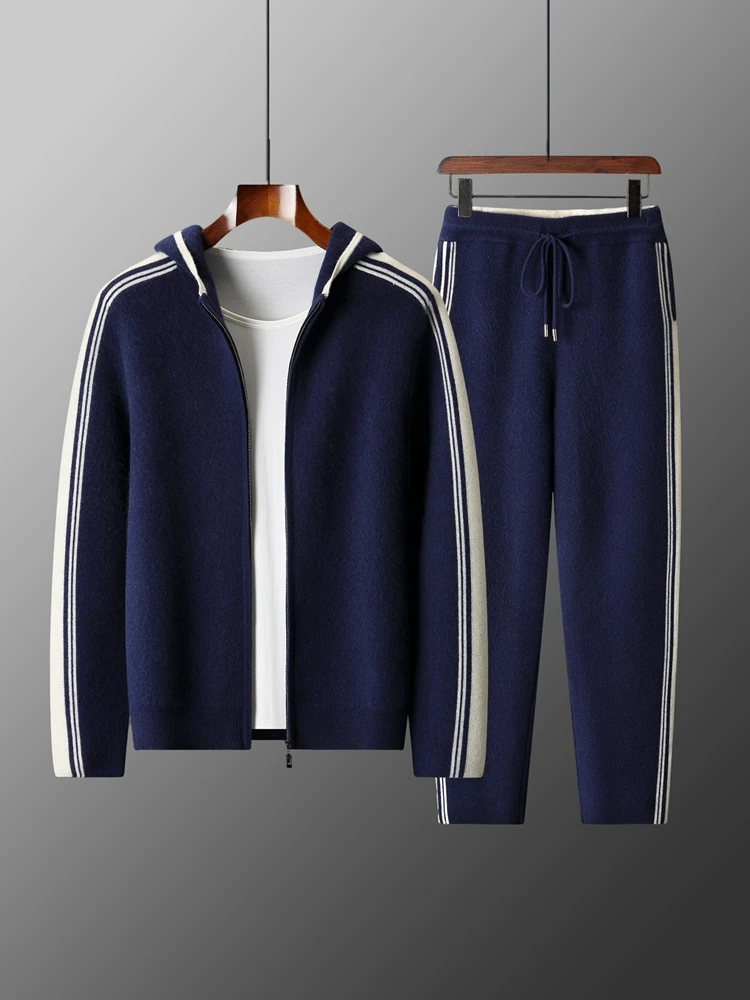 

CHICUU Men's Sports Style 100% Wool Hoodie Cardigan Straight Leg Pants Set Autumn Winter Thick Warm Cashmere Sweater Trousers